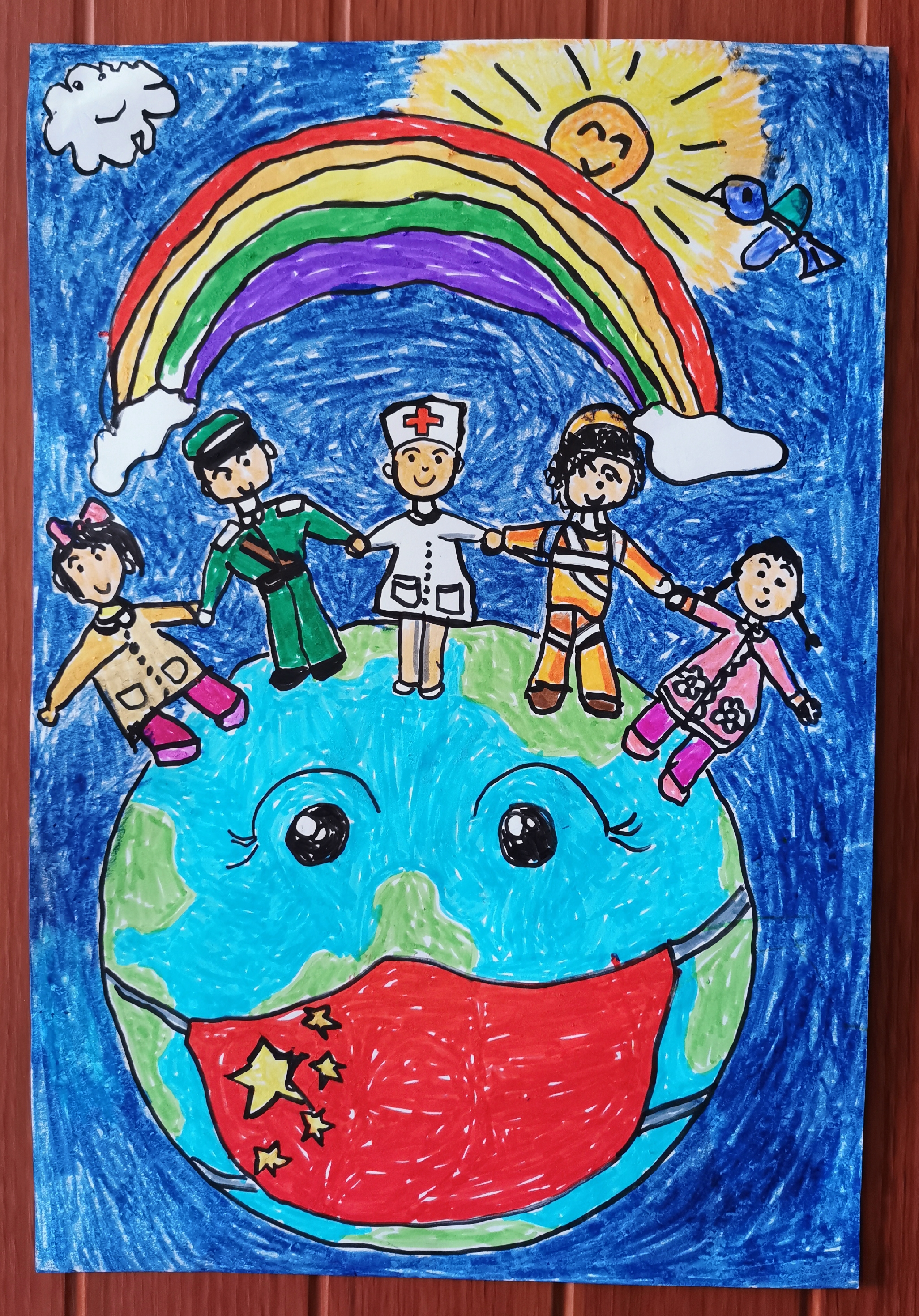 儿童抗疫绘画比赛作品——《同心携手共抗疫》