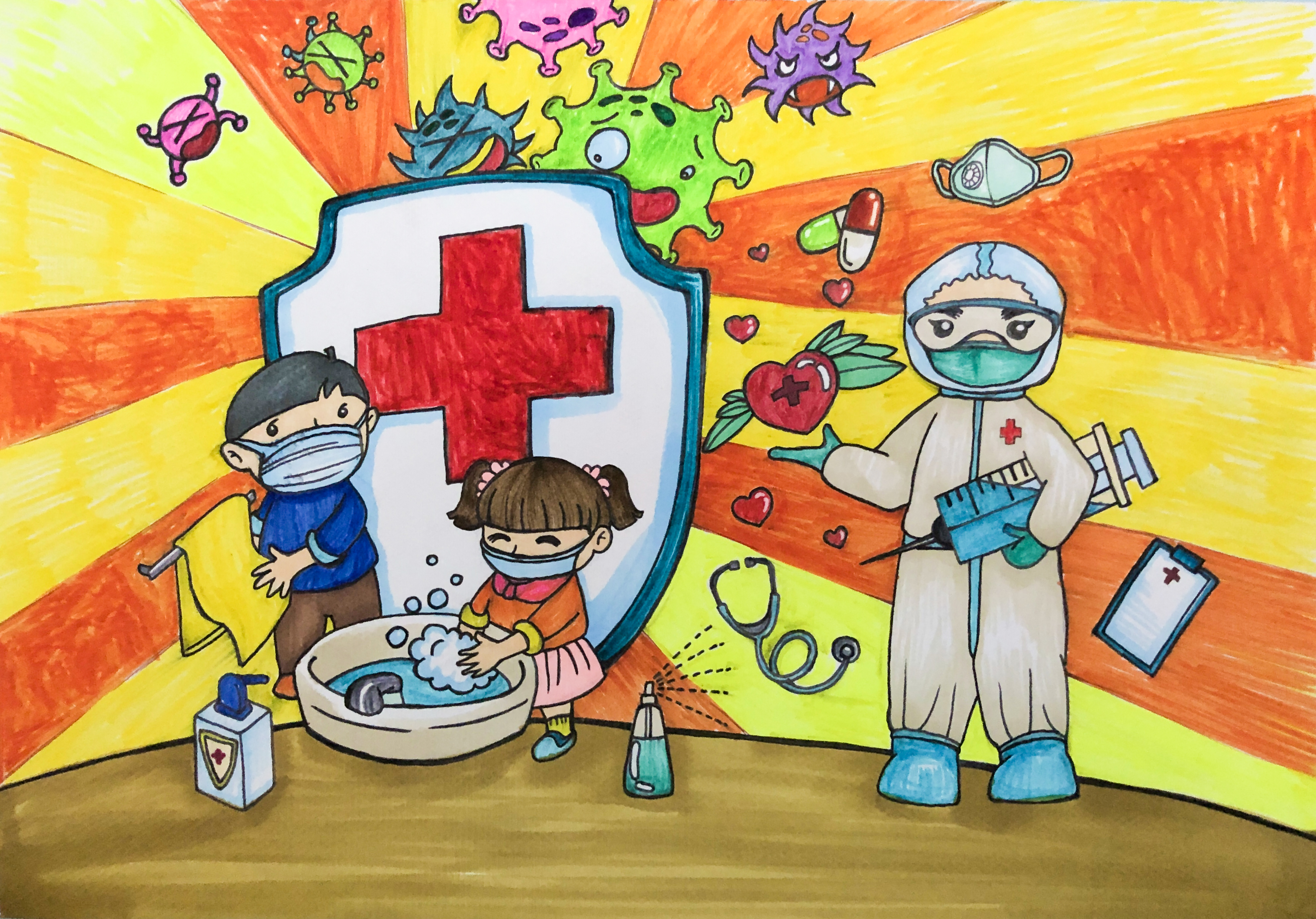 儿童抗疫绘画比赛作品战胜病毒从我做起